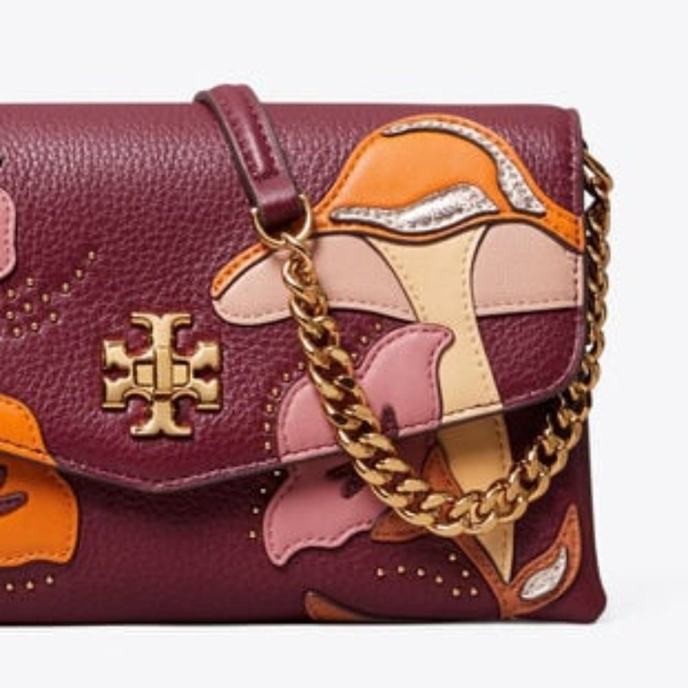 Tory Burch Kira Applique Floral Bag Brown Leather Handbag Burgundy Wine Purse NW - Picture 4 of 6